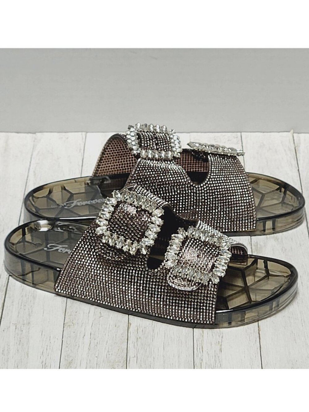 New Black Jewel Rhinestone Buckle Straps Jelly Slides Sandals